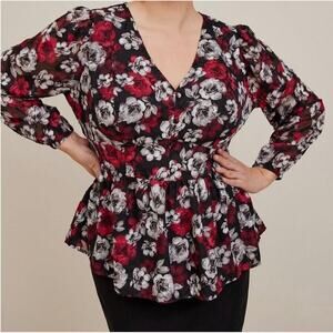 Torrid Peplum Chiffon Floral Blouson Sleeve Top Black Red Plus 3X